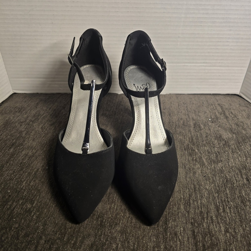 Impo Tisha Faux Suede Black Pointy Toe Pump with Ankle Strap Size 7.5 M